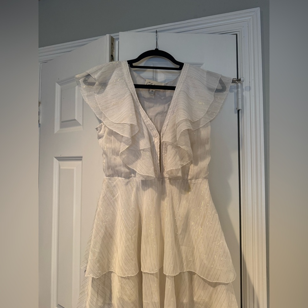 Cleobella White and Gold Flutter Sleeve V-Neck Open Clasp Mini Dress